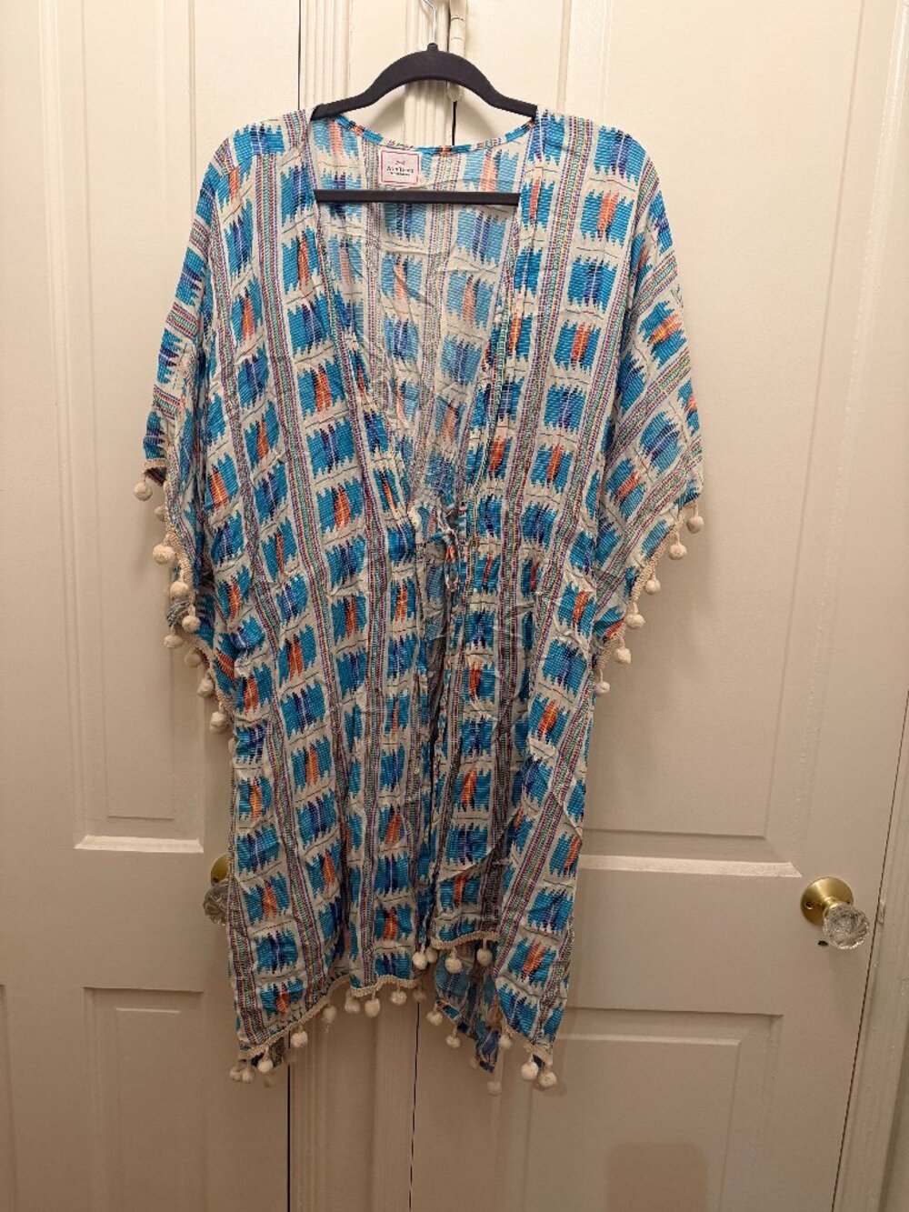 Achilleas Accessories Grecian Boho Kaftan Cover-Up Pom Pom Trim One Size